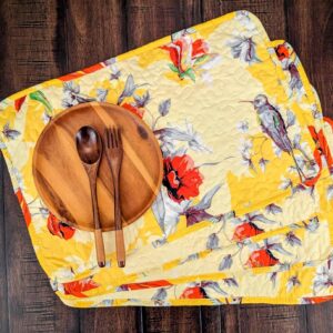 DaDa Bedding Radiant Sunshine Yellow Floral Dining Table Placemats - Set of 4-Pieces Quilted Hummingbirds Farmhouse Red Flowers - 13 x 19