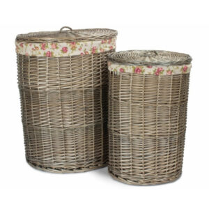 Antique Wash Round Garden Rose Cotton Lined Laundry Basket