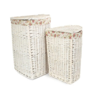 White Wash Corner Wicker Laundry Basket with Lining