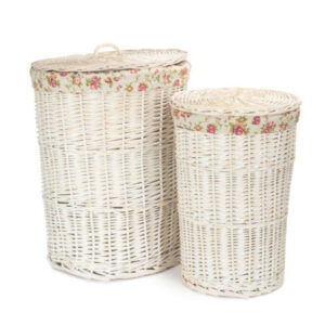 White Wash Round Wicker Laundry Basket with Lining